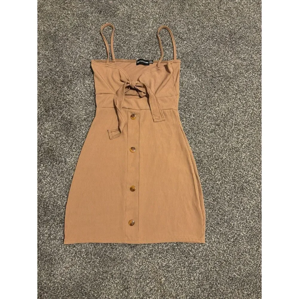 Pretty Little Things Tie Front Cut Out Dress Light Brown Size 6